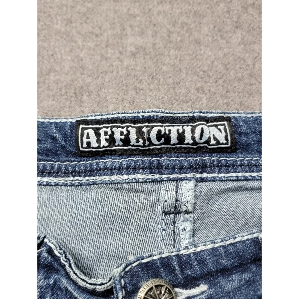 Affliction Men's 34 Ace Straight Jeans Blue Distressed Embroidered Premium Denim - Picture 4 of 12
